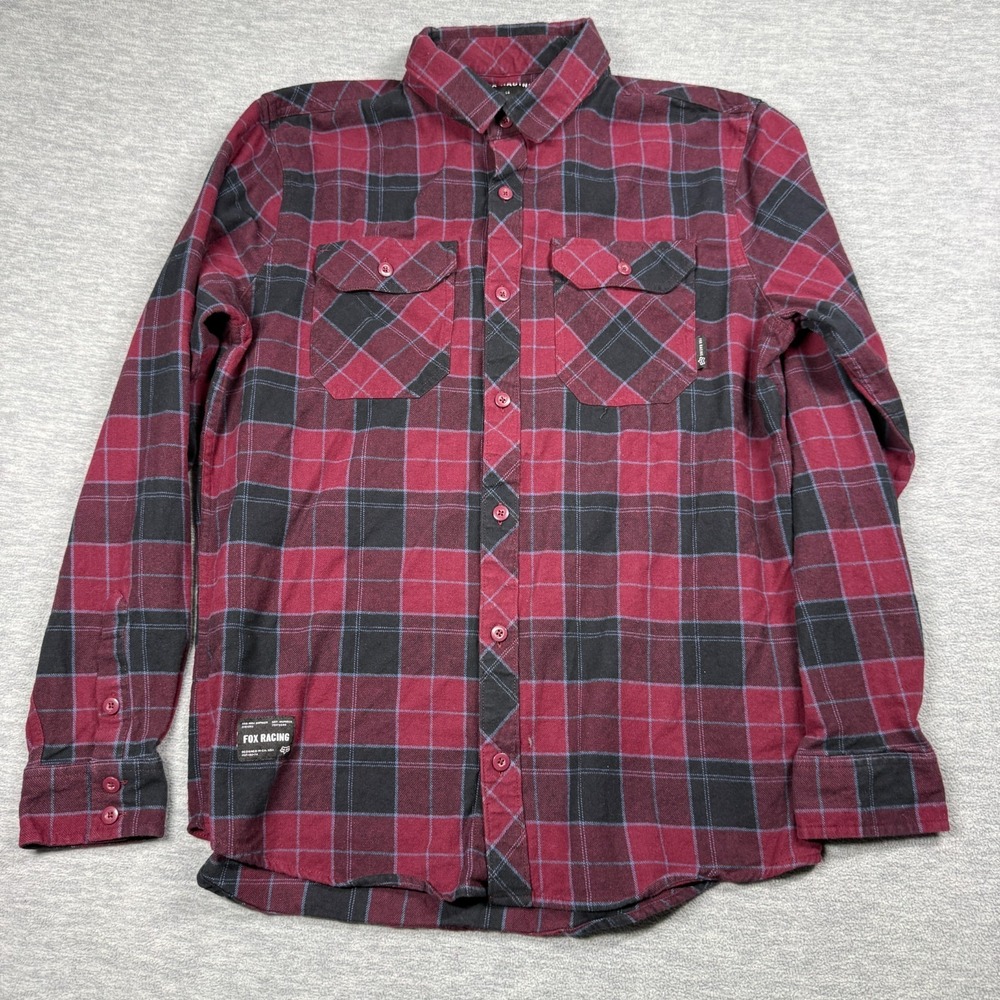 Fox Racing Flannel Shirt Mens Medium Maroon Black Plaid Button Up Long Sleeve MX